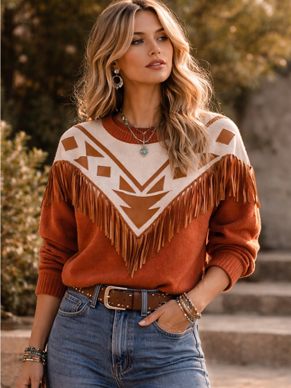 Vintage Western Fringe Sweater Leather Appliqué Southwestern Ranchwear Cowgirl
